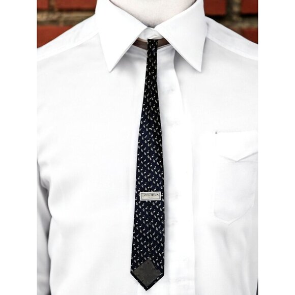 St. Loren Made In Italy 100% Silk Navy Blue with White Pelicans Tie - Picture 3 of 6